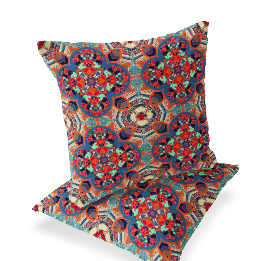 Homeroots Set Of Two 16" X 16" Blue And Orange Blown Seam Floral Indoor Outdoor Throw Pillow  Polyester 535624