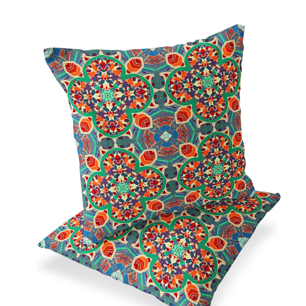 Homeroots Set Of Two 16" X 16" Blue And Orange Blown Seam Floral Indoor Outdoor Throw Pillow  Polyester 535625