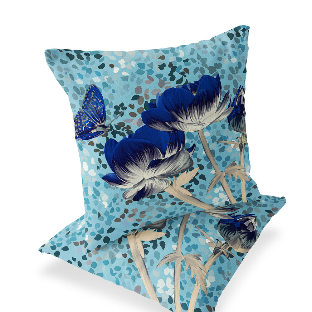 Homeroots Set Of Two 16" X 16" Blue And Gray Butterfly Blown Seam Floral Indoor Outdoor Throw Pillow  Polyester 535629