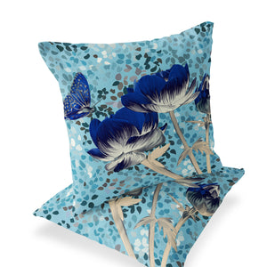 Homeroots Set Of Two 16" X 16" Blue And Gray Butterfly Blown Seam Floral Indoor Outdoor Throw Pillow  Polyester 535629