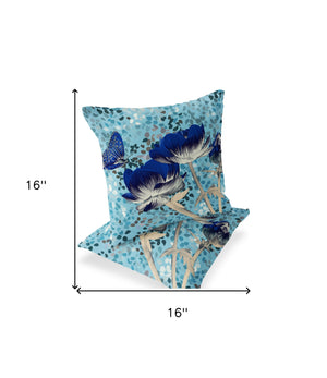 Homeroots Set Of Two 16" X 16" Blue And Gray Butterfly Blown Seam Floral Indoor Outdoor Throw Pillow  Polyester 535629