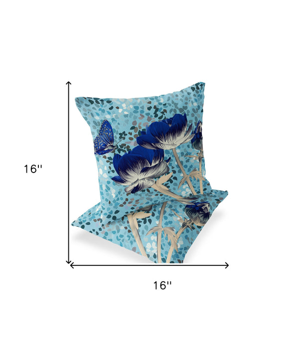 Homeroots Set Of Two 16" X 16" Blue And Gray Butterfly Blown Seam Floral Indoor Outdoor Throw Pillow  Polyester 535629