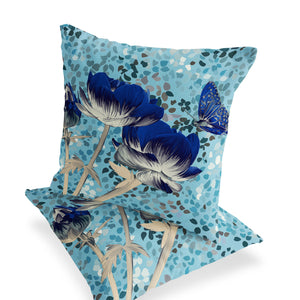 Homeroots Set Of Two 16" X 16" Blue And Gray Butterfly Blown Seam Floral Indoor Outdoor Throw Pillow  Polyester 535629