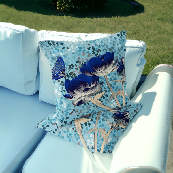 Homeroots Set Of Two 16" X 16" Blue And Gray Butterfly Blown Seam Floral Indoor Outdoor Throw Pillow  Polyester 535629