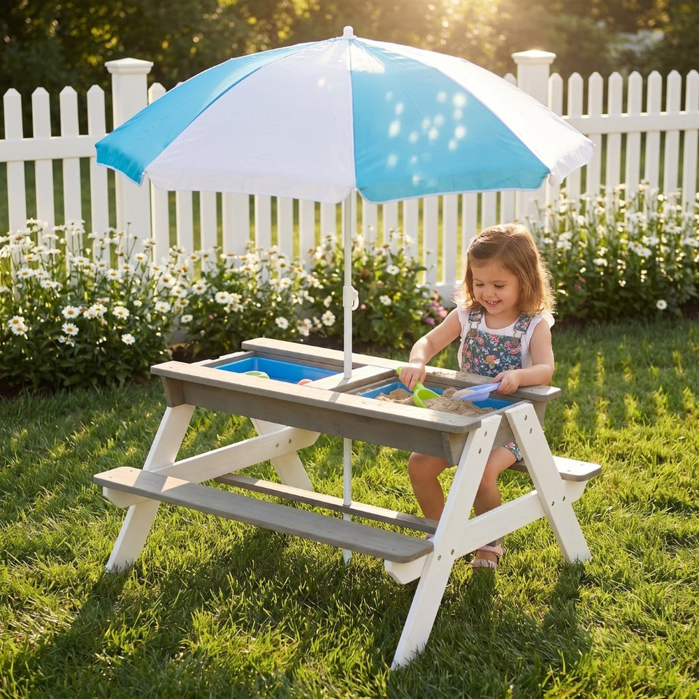 English Elm Wooden Cedar Kids Outdoor Picnic Activity Table with Shade Umbrella for Backyard Play D720094435