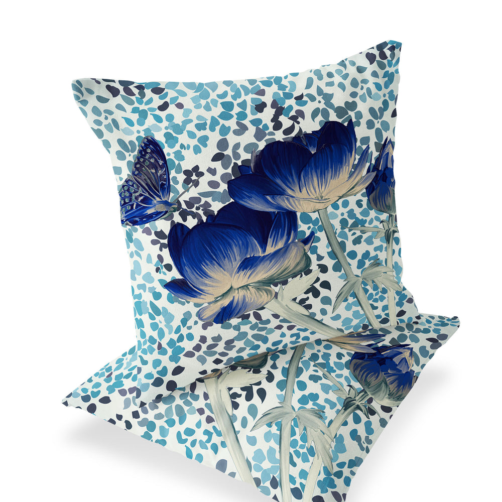 Homeroots Set Of Two 16" X 16" Blue And Off White Butterfly Blown Seam Floral Indoor Outdoor Throw Pillow  Polyester 535631