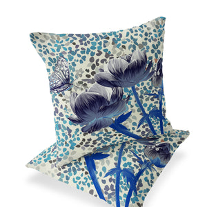 Homeroots Set Of Two 16" X 16" Blue And Gray Butterfly Blown Seam Floral Indoor Outdoor Throw Pillow  Polyester 535632