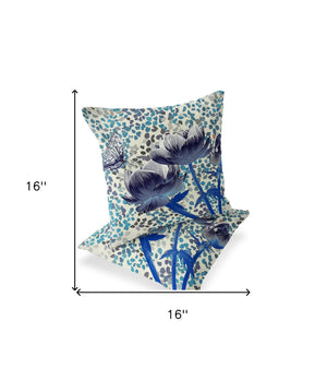 Homeroots Set Of Two 16" X 16" Blue And Gray Butterfly Blown Seam Floral Indoor Outdoor Throw Pillow  Polyester 535632