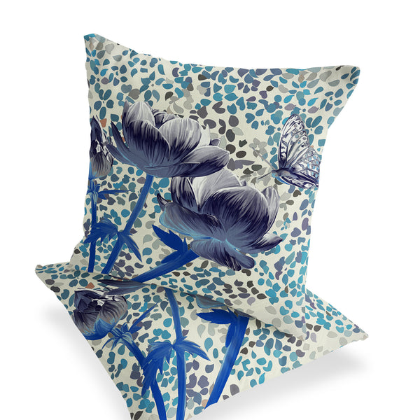 Homeroots Set Of Two 16" X 16" Blue And Gray Butterfly Blown Seam Floral Indoor Outdoor Throw Pillow  Polyester 535632