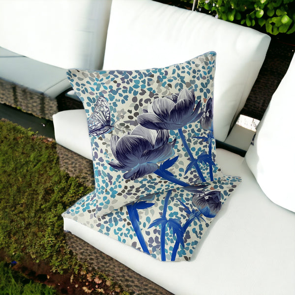 Homeroots Set Of Two 16" X 16" Blue And Gray Butterfly Blown Seam Floral Indoor Outdoor Throw Pillow  Polyester 535632