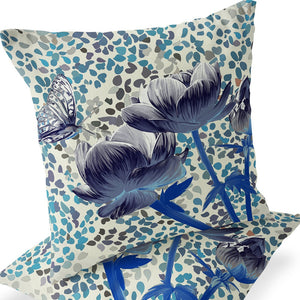 Homeroots Set Of Two 16" X 16" Blue And Gray Butterfly Blown Seam Floral Indoor Outdoor Throw Pillow  Polyester 535632