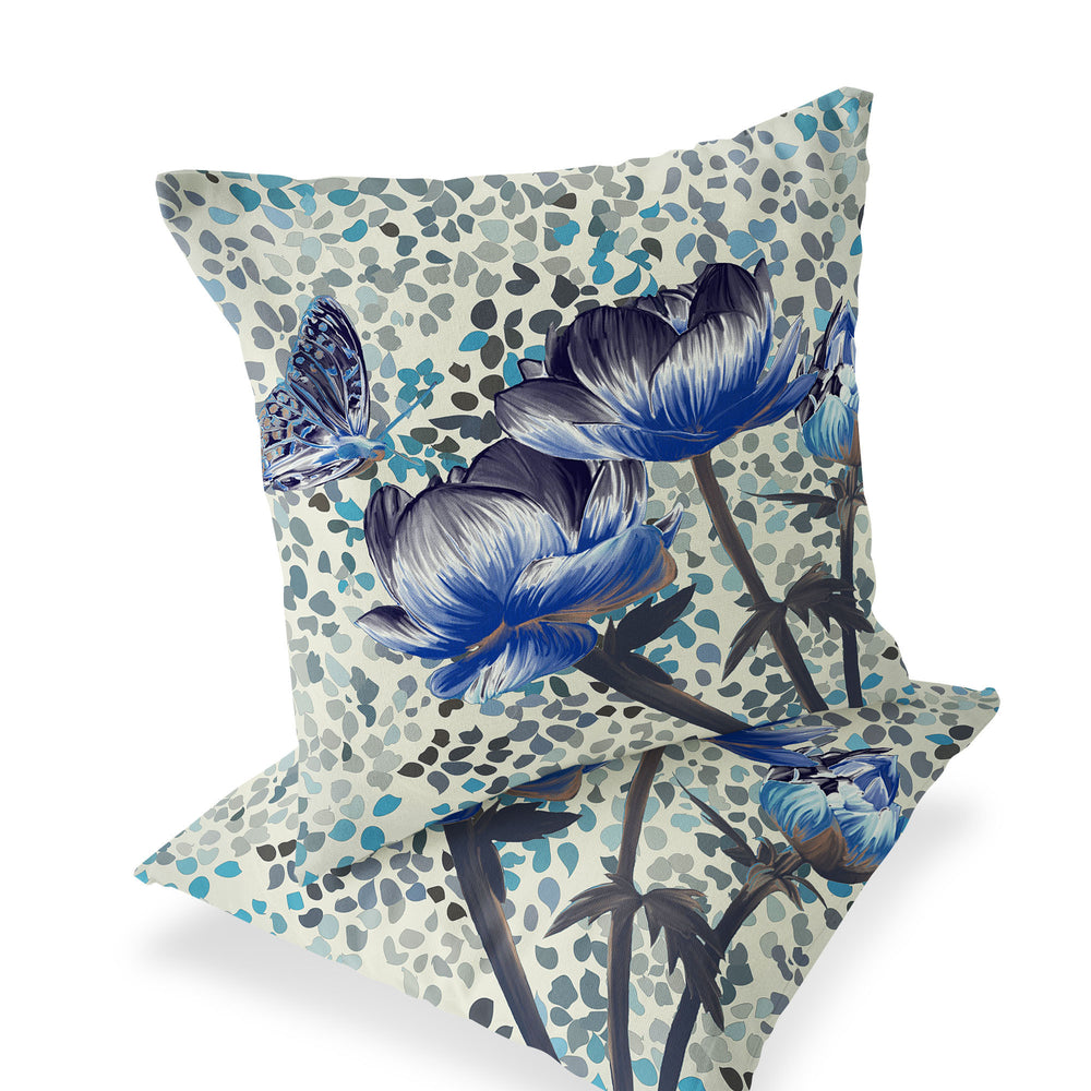 Homeroots Set Of Two 16" X 16" Blue And Green Butterfly Blown Seam Floral Indoor Outdoor Throw Pillow  Polyester 535634
