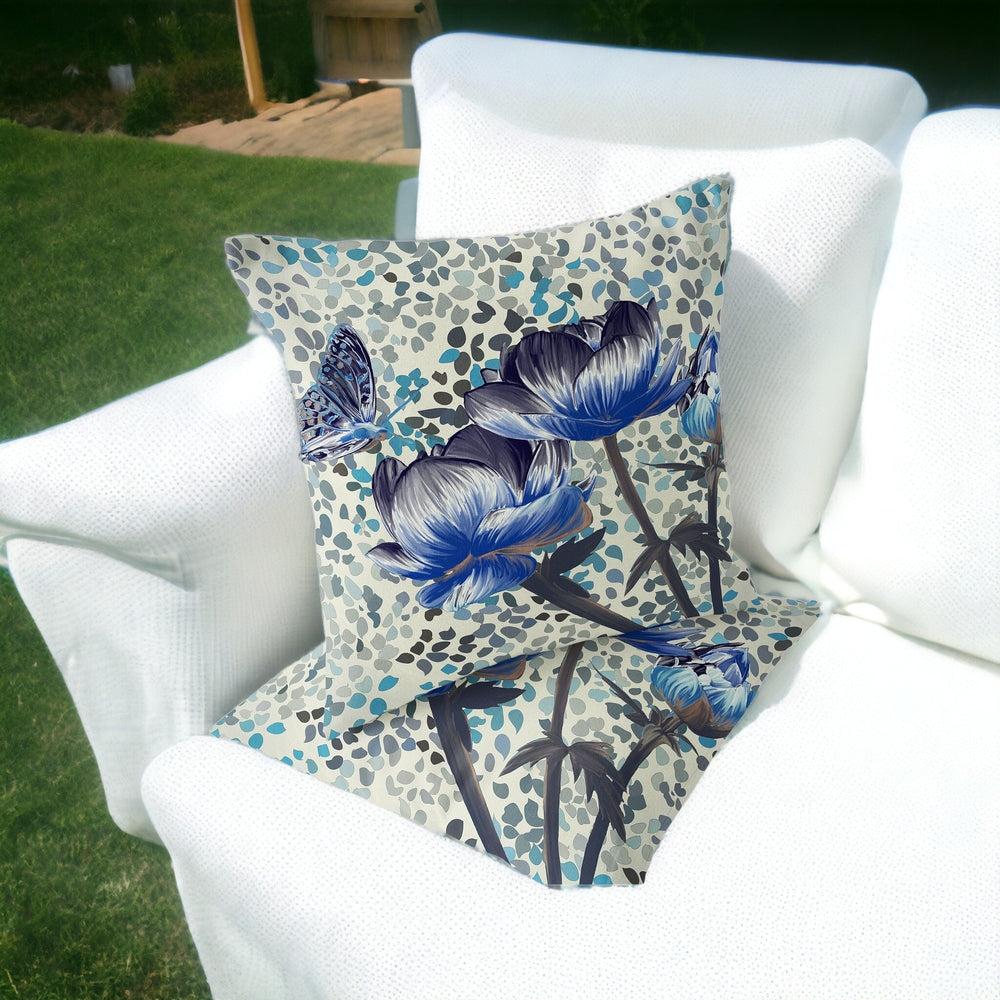 Homeroots Set Of Two 16" X 16" Blue And Green Butterfly Blown Seam Floral Indoor Outdoor Throw Pillow  Polyester 535634
