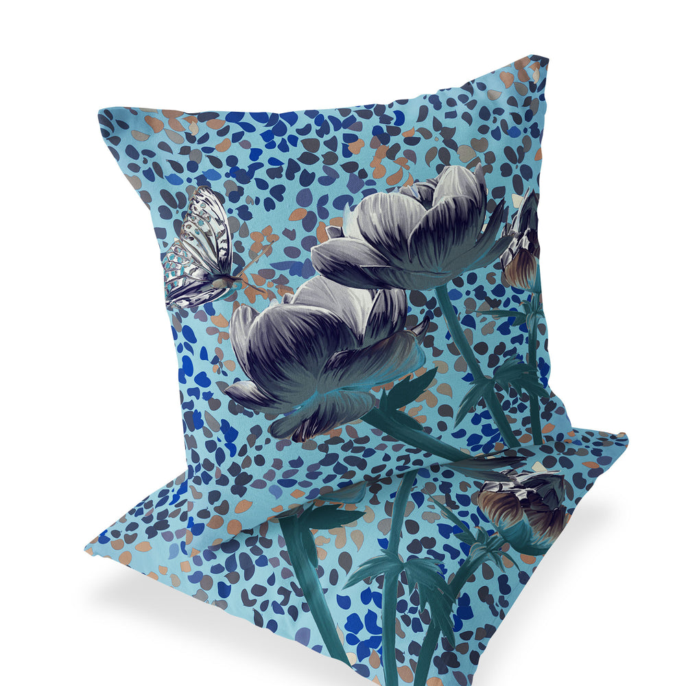 Homeroots Set Of Two 16" X 16" Blue And White Butterfly Blown Seam Floral Indoor Outdoor Throw Pillow  Polyester 535635