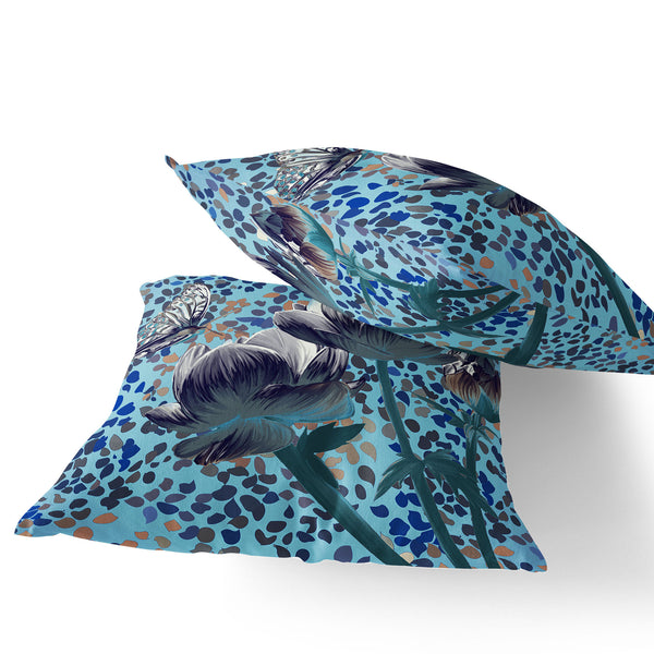 Homeroots Set Of Two 16" X 16" Blue And White Butterfly Blown Seam Floral Indoor Outdoor Throw Pillow  Polyester 535635