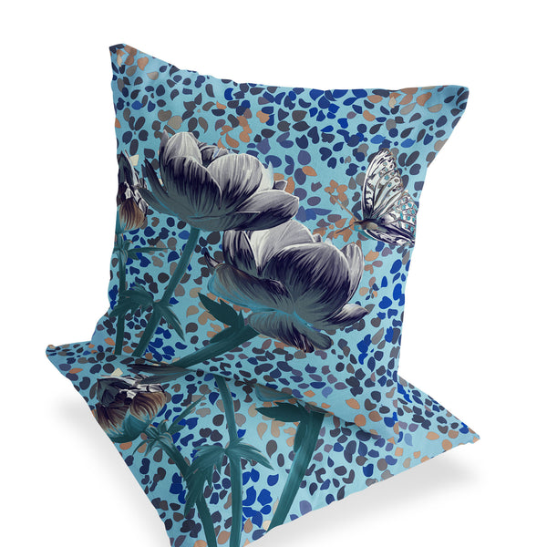 Homeroots Set Of Two 16" X 16" Blue And White Butterfly Blown Seam Floral Indoor Outdoor Throw Pillow  Polyester 535635