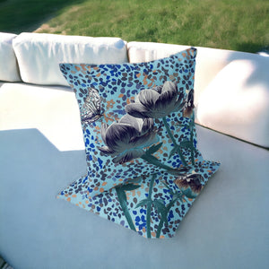 Homeroots Set Of Two 16" X 16" Blue And White Butterfly Blown Seam Floral Indoor Outdoor Throw Pillow  Polyester 535635