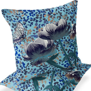 Homeroots Set Of Two 16" X 16" Blue And White Butterfly Blown Seam Floral Indoor Outdoor Throw Pillow  Polyester 535635