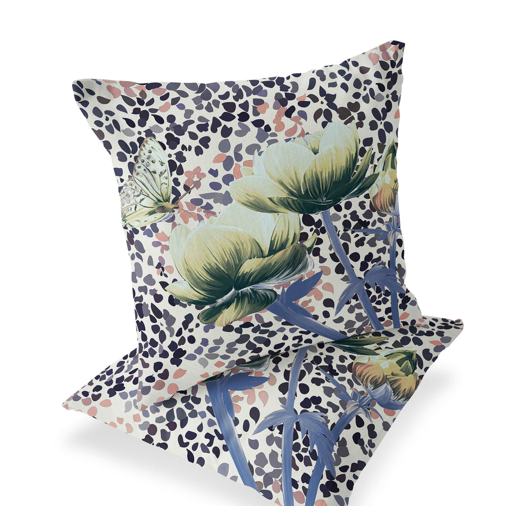 Homeroots Set Of Two 16" X 16" Blue And Green Butterfly Blown Seam Floral Indoor Outdoor Throw Pillow  Polyester 535636