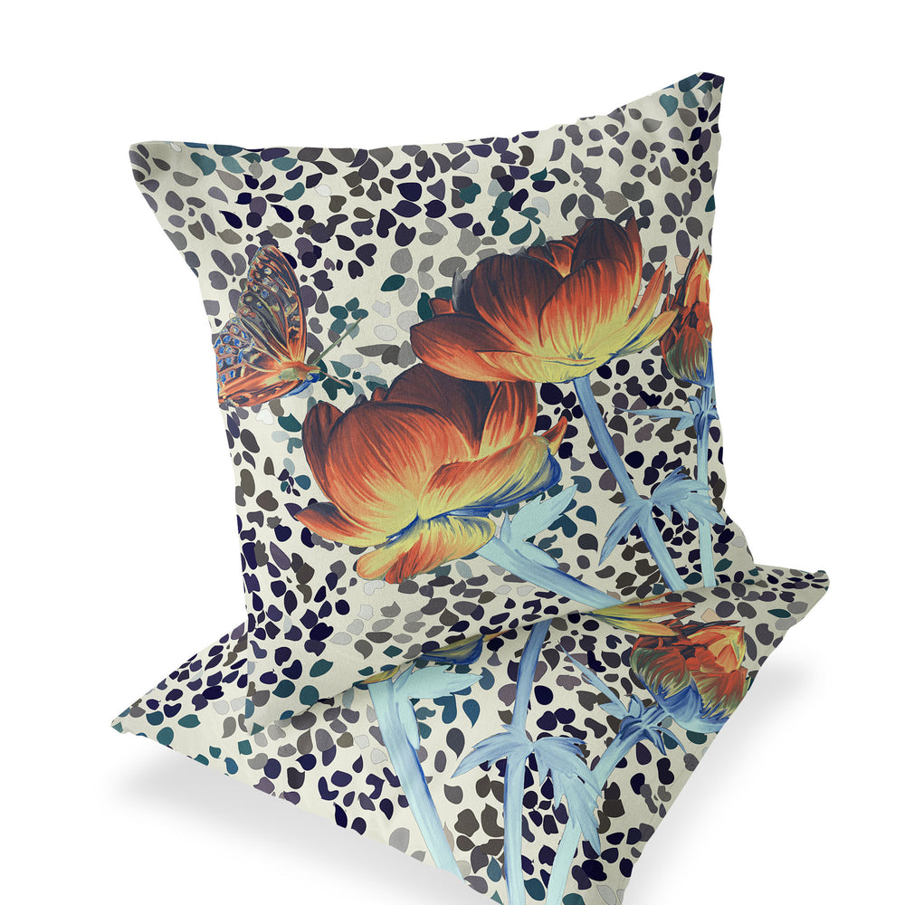 Homeroots Set Of Two 16" X 16" Blue And Orange Butterfly Blown Seam Floral Indoor Outdoor Throw Pillow  Polyester 535639