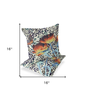 Homeroots Set Of Two 16" X 16" Blue And Orange Butterfly Blown Seam Floral Indoor Outdoor Throw Pillow  Polyester 535639