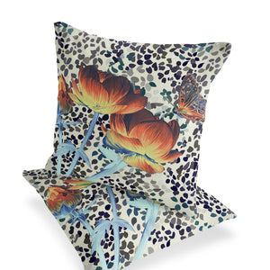 Homeroots Set Of Two 16" X 16" Blue And Orange Butterfly Blown Seam Floral Indoor Outdoor Throw Pillow  Polyester 535639