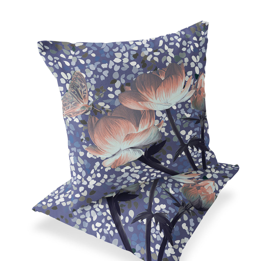 Homeroots Set Of Two 16" X 16" Blue And Gray Butterfly Blown Seam Floral Indoor Outdoor Throw Pillow  Polyester 535640