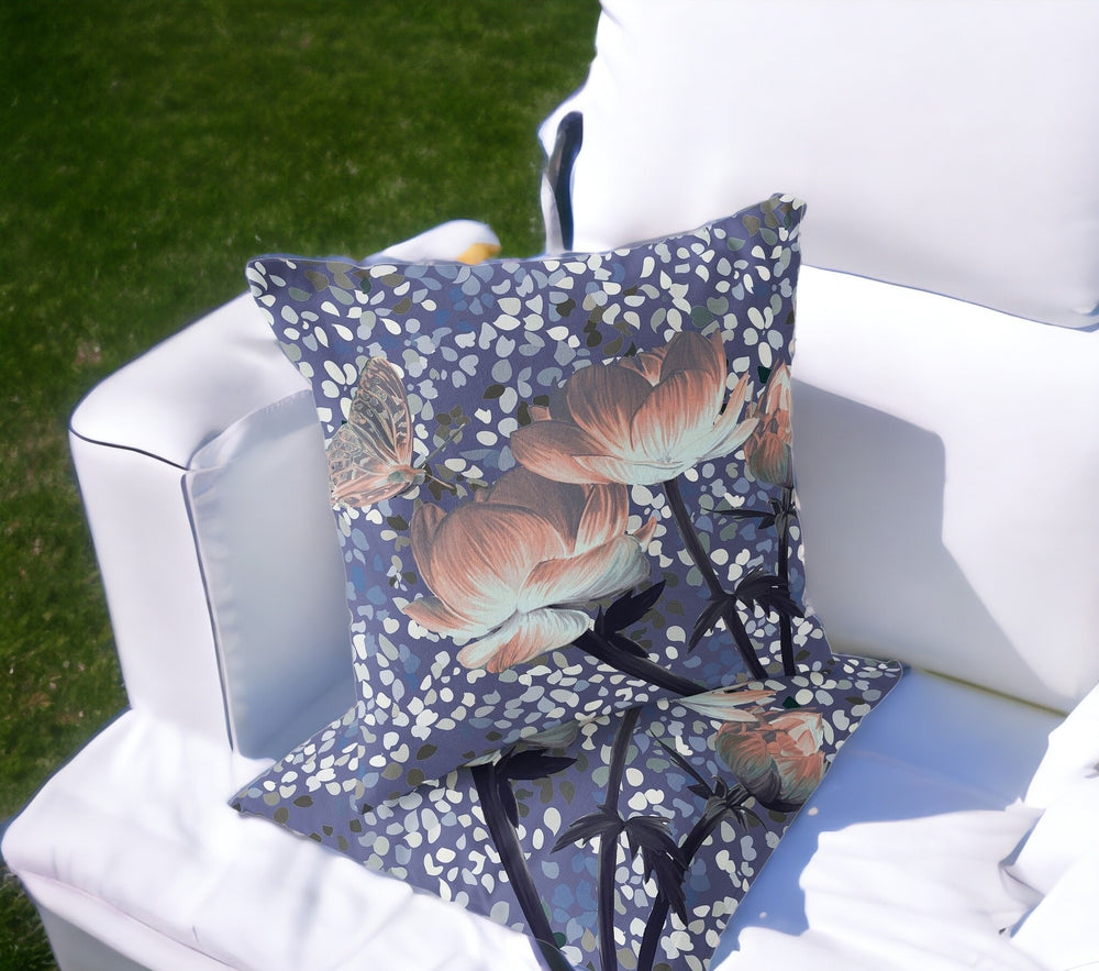 Homeroots Set Of Two 16" X 16" Blue And Gray Butterfly Blown Seam Floral Indoor Outdoor Throw Pillow  Polyester 535640