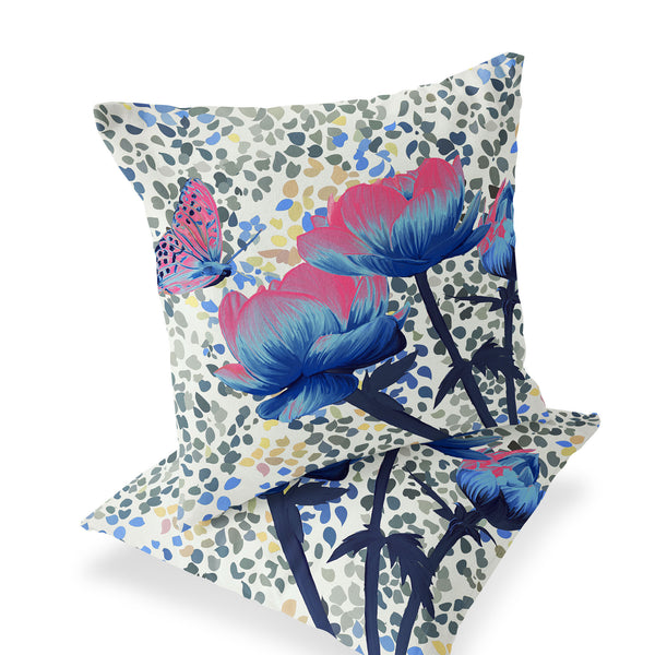 Homeroots Set Of Two 16" X 16" Blue And Pink Butterfly Blown Seam Floral Indoor Outdoor Throw Pillow  Polyester 535643