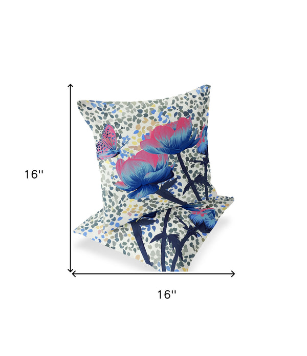 Homeroots Set Of Two 16" X 16" Blue And Pink Butterfly Blown Seam Floral Indoor Outdoor Throw Pillow  Polyester 535643