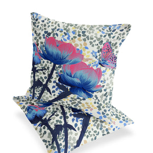 Homeroots Set Of Two 16" X 16" Blue And Pink Butterfly Blown Seam Floral Indoor Outdoor Throw Pillow  Polyester 535643