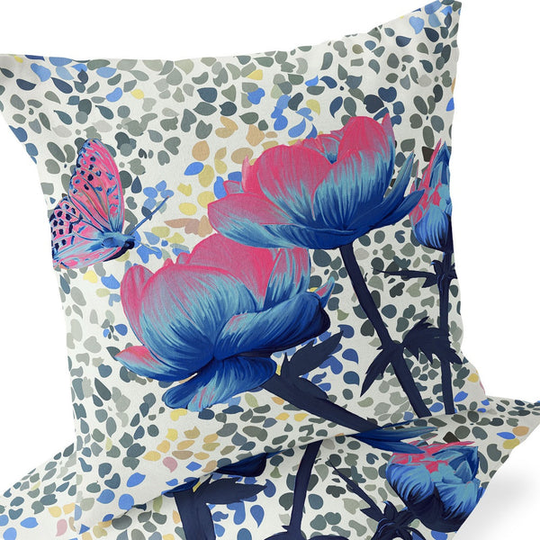 Homeroots Set Of Two 16" X 16" Blue And Pink Butterfly Blown Seam Floral Indoor Outdoor Throw Pillow  Polyester 535643