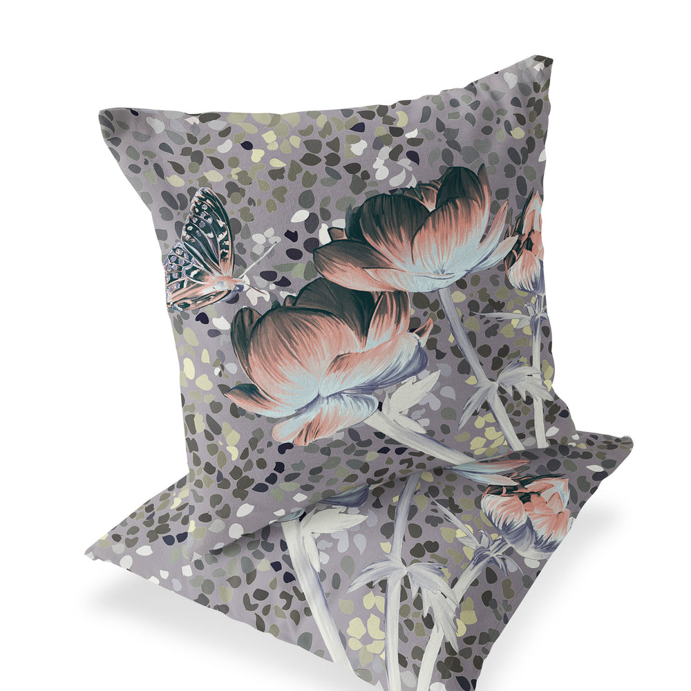 Homeroots Set Of Two 16" X 16" Gray And Pink Butterfly Blown Seam Floral Indoor Outdoor Throw Pillow  Polyester 535644