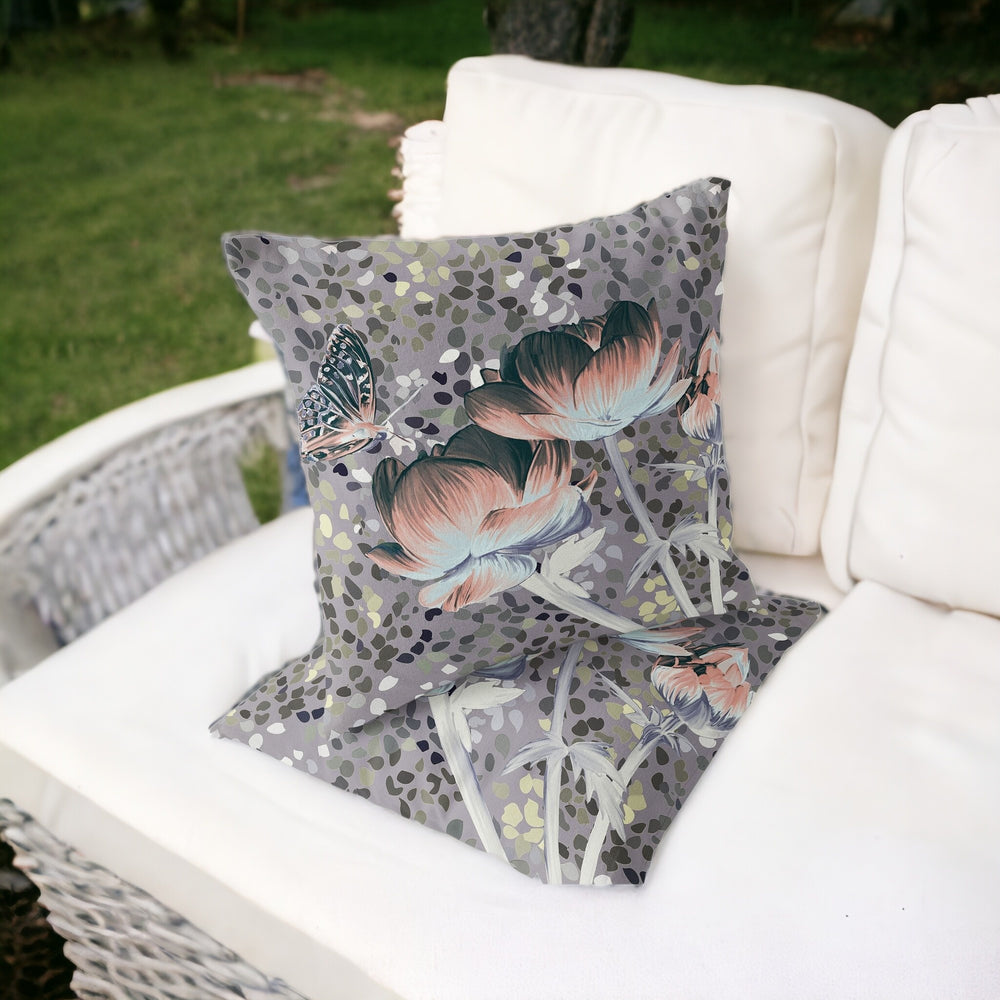 Homeroots Set Of Two 16" X 16" Gray And Pink Butterfly Blown Seam Floral Indoor Outdoor Throw Pillow  Polyester 535644
