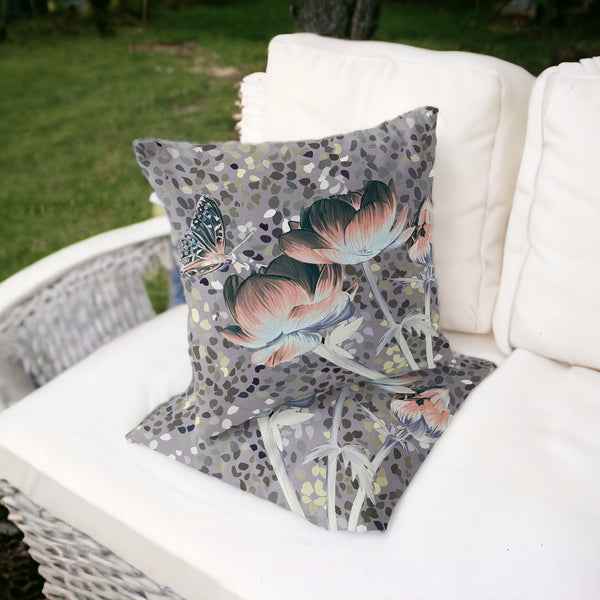 Homeroots Set Of Two 16" X 16" Gray And Pink Butterfly Blown Seam Floral Indoor Outdoor Throw Pillow  Polyester 535644