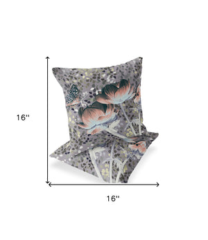 Homeroots Set Of Two 16" X 16" Gray And Pink Butterfly Blown Seam Floral Indoor Outdoor Throw Pillow  Polyester 535644