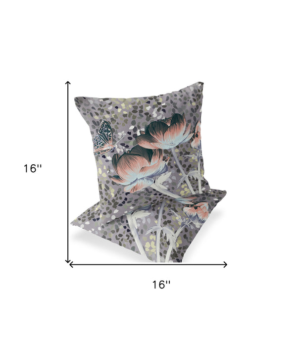 Homeroots Set Of Two 16" X 16" Gray And Pink Butterfly Blown Seam Floral Indoor Outdoor Throw Pillow  Polyester 535644