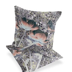 Homeroots Set Of Two 16" X 16" Gray And Pink Butterfly Blown Seam Floral Indoor Outdoor Throw Pillow  Polyester 535644