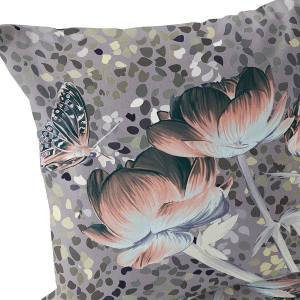 Homeroots Set Of Two 16" X 16" Gray And Pink Butterfly Blown Seam Floral Indoor Outdoor Throw Pillow  Polyester 535644