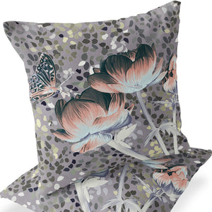Homeroots Set Of Two 16" X 16" Gray And Pink Butterfly Blown Seam Floral Indoor Outdoor Throw Pillow  Polyester 535644