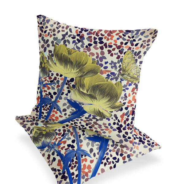 Homeroots Set Of Two 16" X 16" Blue And Yellow Butterfly Blown Seam Floral Indoor Outdoor Throw Pillow  Polyester 535645