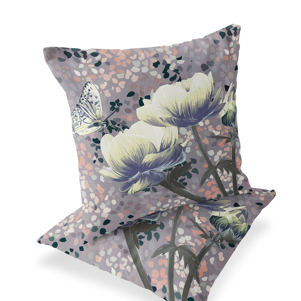 Homeroots Set Of Two 16" X 16" Gray And Yellow Butterfly Blown Seam Floral Indoor Outdoor Throw Pillow  Polyester 535647