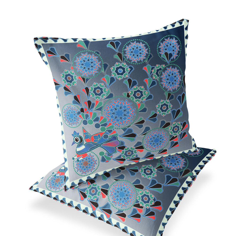 Homeroots Set Of Two 16" X 16" Blue And White Peacock Blown Seam Floral Indoor Outdoor Throw Pillow  Polyester 535648