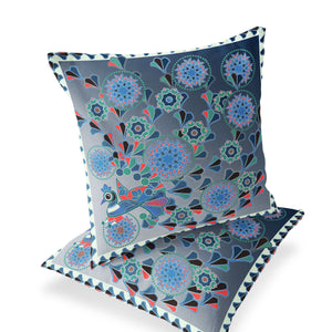 Homeroots Set Of Two 16" X 16" Blue And White Peacock Blown Seam Floral Indoor Outdoor Throw Pillow  Polyester 535648