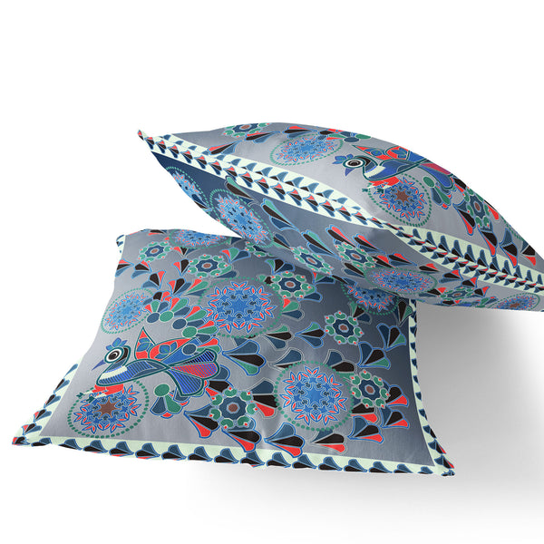 Homeroots Set Of Two 16" X 16" Blue And White Peacock Blown Seam Floral Indoor Outdoor Throw Pillow  Polyester 535648