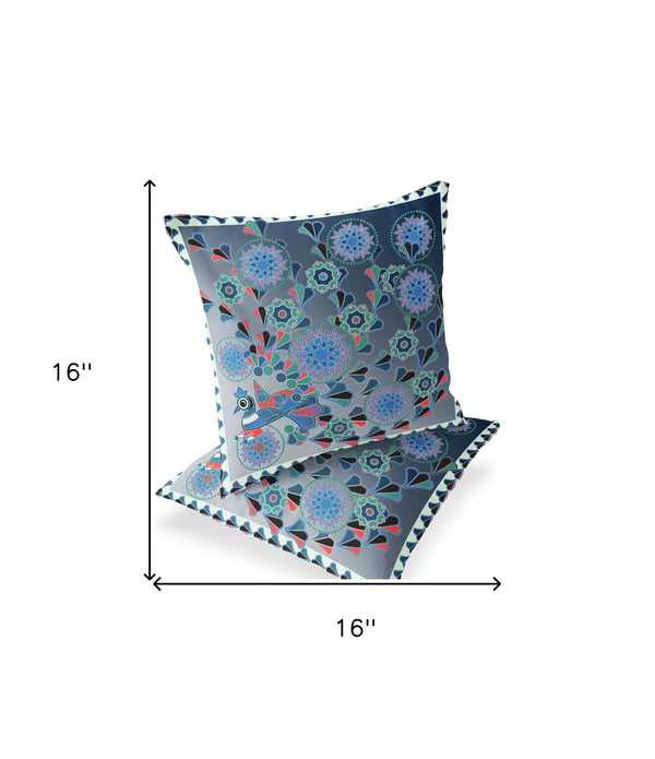 Homeroots Set Of Two 16" X 16" Blue And White Peacock Blown Seam Floral Indoor Outdoor Throw Pillow  Polyester 535648