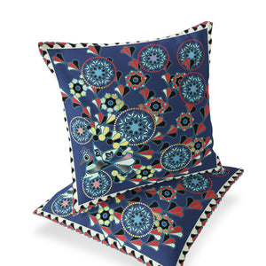 Homeroots Set Of Two 16" X 16" Blue And Off White Peacock Blown Seam Floral Indoor Outdoor Throw Pillow  Polyester 535649