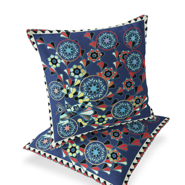 Homeroots Set Of Two 16" X 16" Blue And Off White Peacock Blown Seam Floral Indoor Outdoor Throw Pillow  Polyester 535649