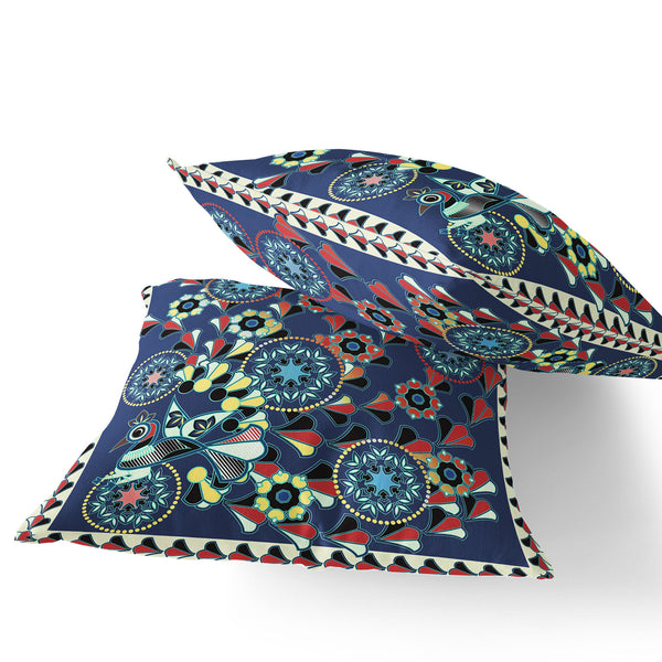 Homeroots Set Of Two 16" X 16" Blue And Off White Peacock Blown Seam Floral Indoor Outdoor Throw Pillow  Polyester 535649