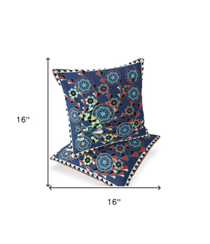 Homeroots Set Of Two 16" X 16" Blue And Off White Peacock Blown Seam Floral Indoor Outdoor Throw Pillow  Polyester 535649